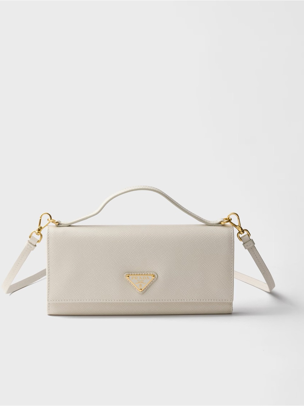 Authentic Prada Saffiano leather wallet with shoulder strap. 2026 White